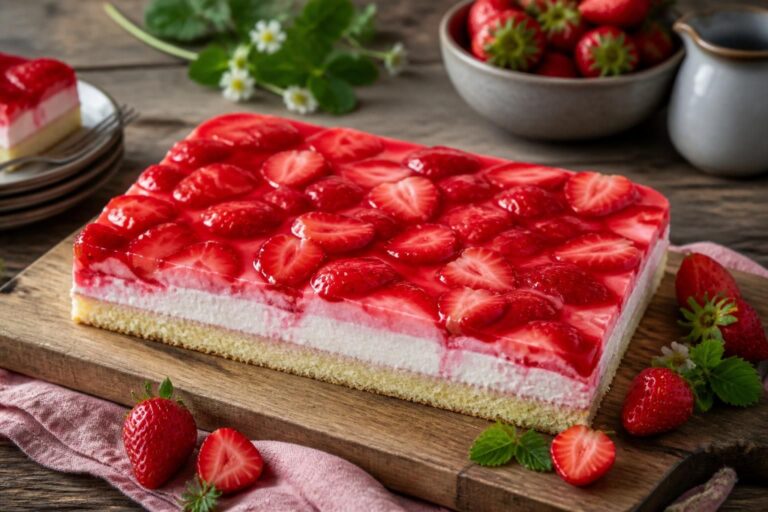 Erdbeer-Quark-Blechkuchen auf einem Backblech, belegt mit frischen Erdbeeren und glänzender Aprikosenglasur, auf hellem Holztisch