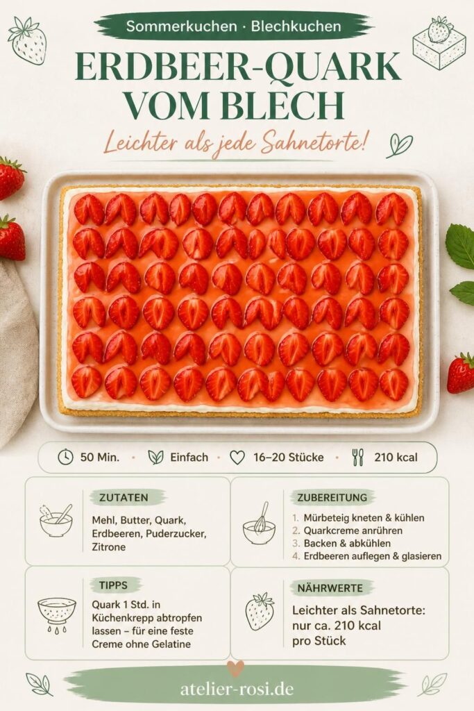 Erdbeer-Quark-Blechkuchen mit Aprikosenglasur auf einem Backblech, Pinterest-Rezeptkarte