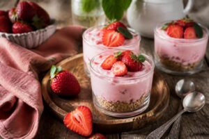 Erdbeer-Quark-Creme ohne Gelatine in Portionsgläsern, garniert mit frischen Erdbeerscheiben und Minze