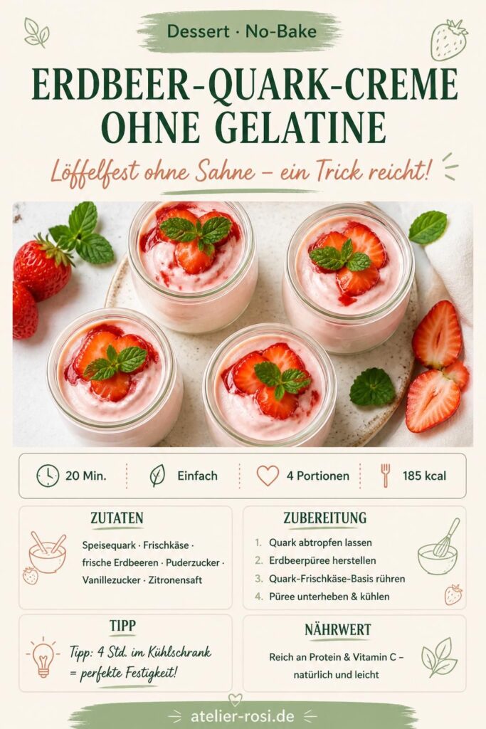 Erdbeer-Quark-Creme ohne Gelatine in Gläsern – Pinterest-Pin