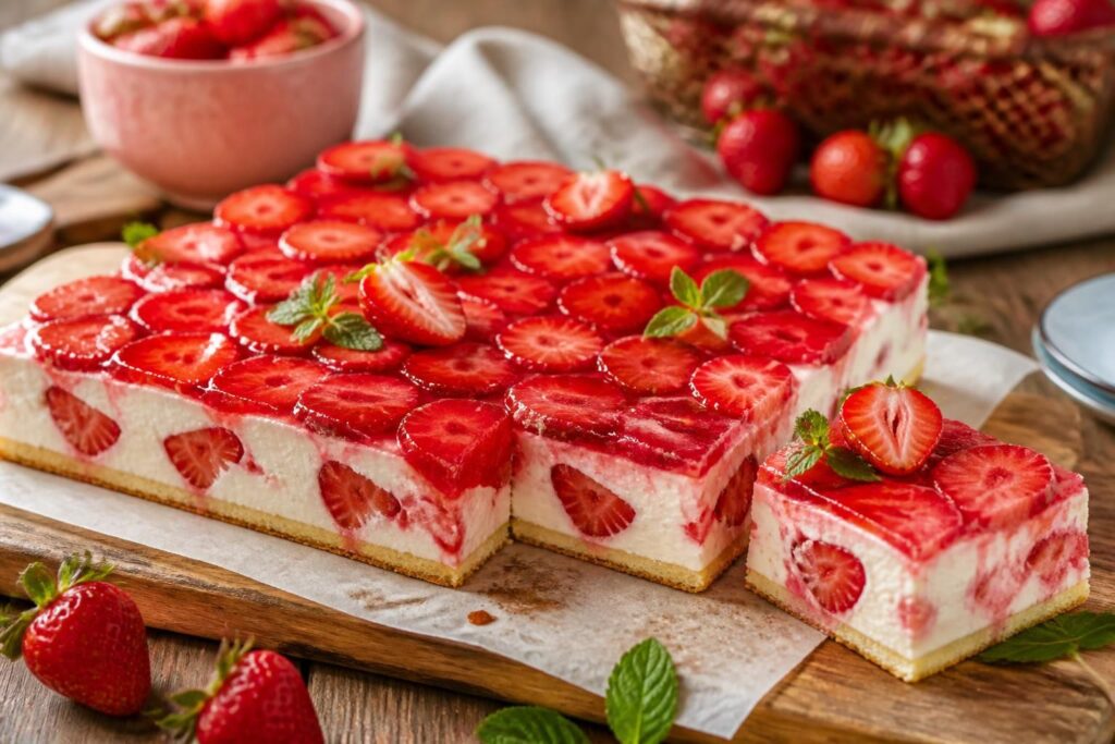 Erdbeer-Quark-Torte vom Blech ohne Gelatine, frisch aus dem Ofen, mit glänzenden Erdbeeren auf cremigem Quarkbelag und Mürbeteigboden