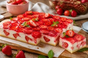 Erdbeer-Quark-Torte vom Blech ohne Gelatine, frisch aus dem Ofen, mit glänzenden Erdbeeren auf cremigem Quarkbelag und Mürbeteigboden