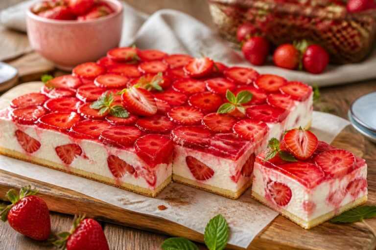Erdbeer-Quark-Torte vom Blech ohne Gelatine, frisch aus dem Ofen, mit glänzenden Erdbeeren auf cremigem Quarkbelag und Mürbeteigboden