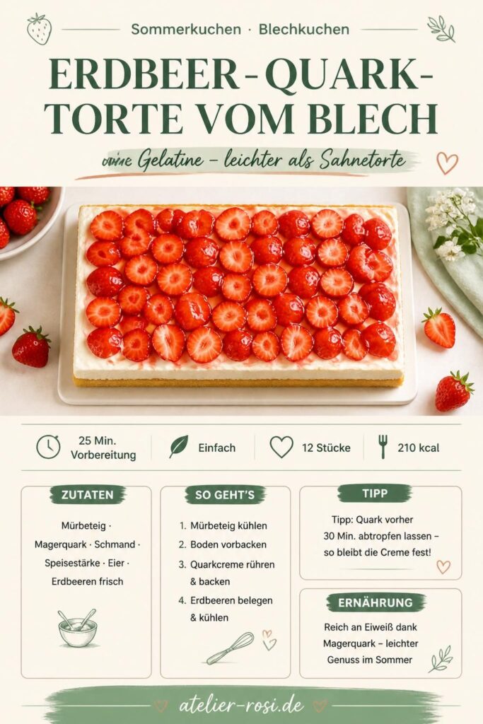 Erdbeer-Quark-Torte vom Blech ohne Gelatine – Pinterest-Bild mit Zutaten und Schritten