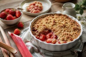 Erdbeer-Rhabarber-Crumble frisch aus dem Ofen mit knusprigen, goldbraunen Butterstreuseln in einer Auflaufform