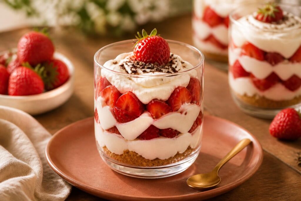 Erdbeer-Sahne-Dessert im Glas ohne Gelatine, geschichtet mit frischen Erdbeeren, cremiger Mascarpone-Quark-Creme und Butterkeksboden, garniert mit Minze