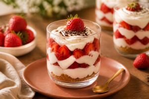 Erdbeer-Sahne-Dessert im Glas ohne Gelatine, geschichtet mit frischen Erdbeeren, cremiger Mascarpone-Quark-Creme und Butterkeksboden, garniert mit Minze