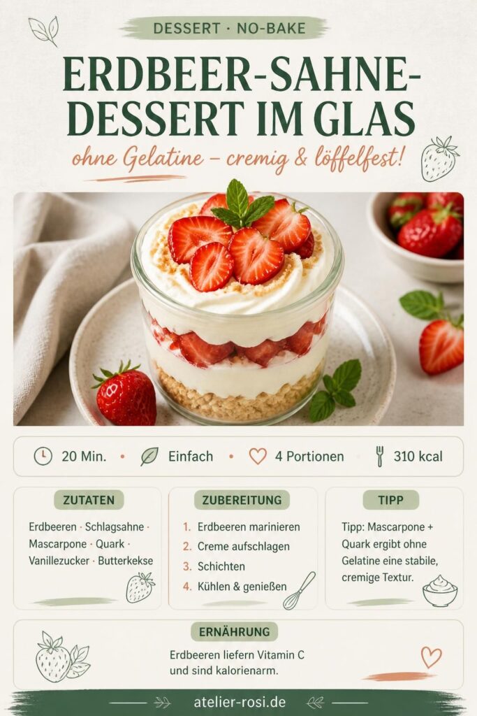 Erdbeer-Sahne-Dessert im Glas ohne Gelatine, cremig geschichtet mit frischen Erdbeeren und Mascarpone-Quark-Creme