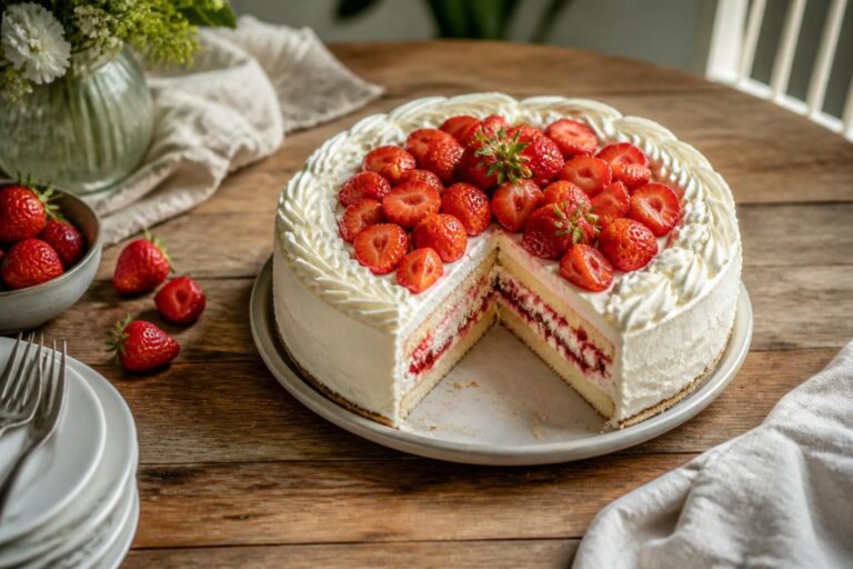Erdbeer-Sahne-Torte mit frischen Erdbeeren und hitzestabiler Sahnecreme auf einem Holztisch, verziert mit ganzen Erdbeeren und Minzblättern
