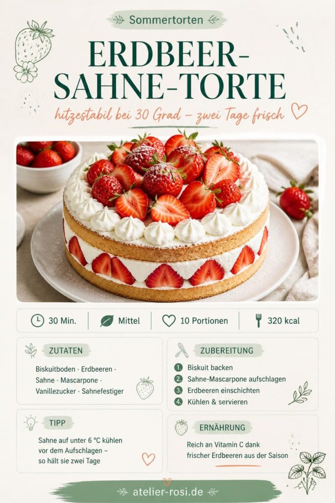 Erdbeer-Sahne-Torte mit frischen Erdbeeren und hitzestabiler Sahnecreme – Pinterest-Rezeptkarte