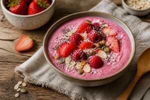 Erdbeer-Smoothie-Bowl in einer weißen Schüssel mit frischen Erdbeeren, Granola und Mandelmus als Topping, von oben fotografiert