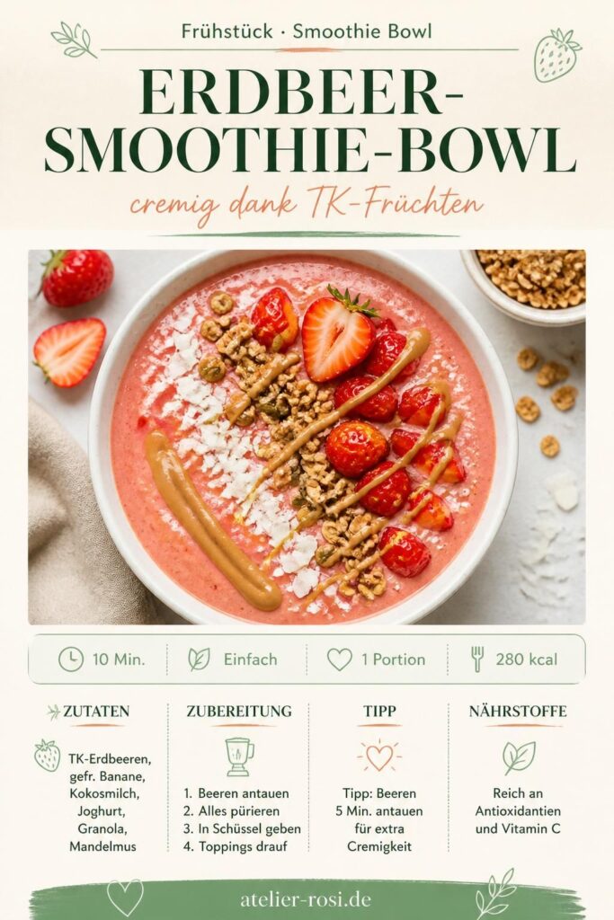 Erdbeer-Smoothie-Bowl mit Granola und Mandelmus in einer weißen Schüssel – Pinterest Rezept