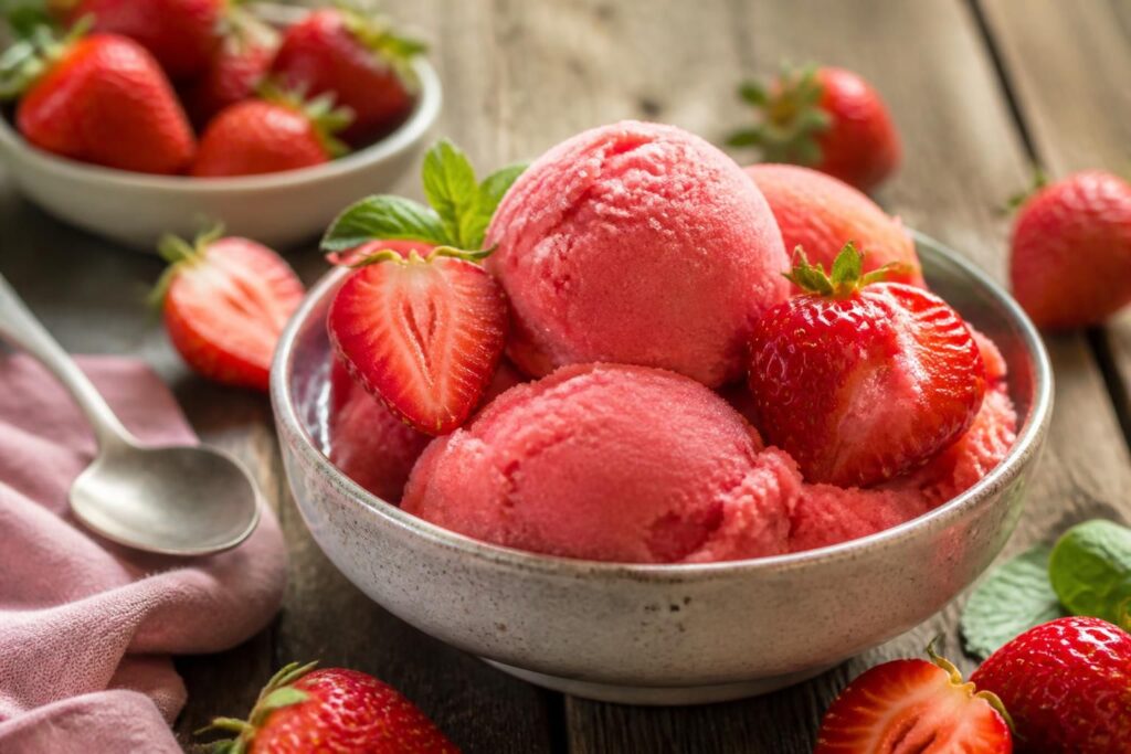 Cremiges Erdbeer-Sorbet ohne Eismaschine in einer Gefrierdose, garniert mit frischen Erdbeeren und Minzblättern