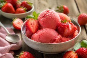 Cremiges Erdbeer-Sorbet ohne Eismaschine in einer Gefrierdose, garniert mit frischen Erdbeeren und Minzblättern