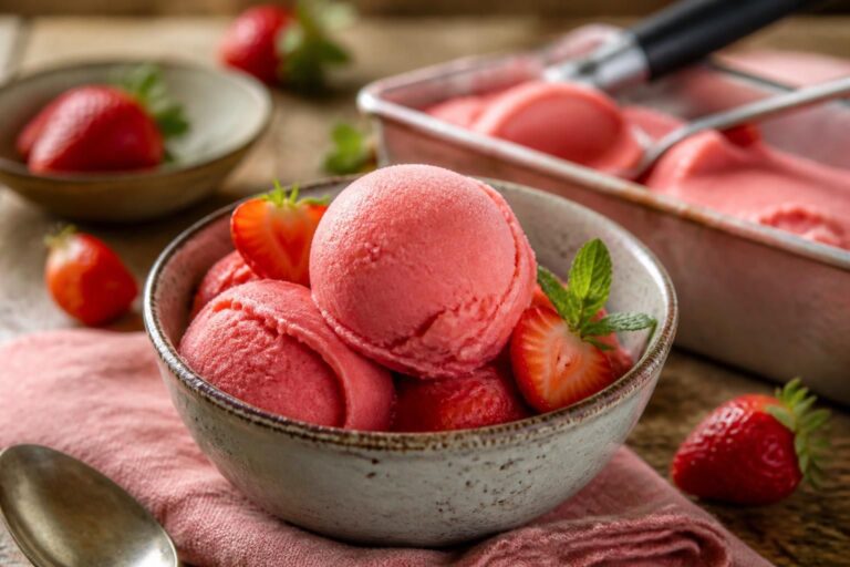 Cremiges Erdbeer-Sorbet ohne Eismaschine in einer Glasschüssel, garniert mit frischen Erdbeeren und Minze, auf einem hellen Holztisch