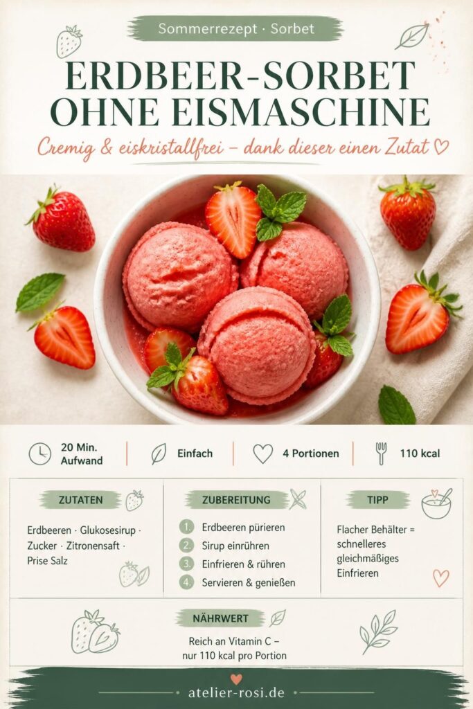 Cremiges Erdbeer-Sorbet ohne Eismaschine – Pinterest-Rezeptkarte von atelier-rosi.de
