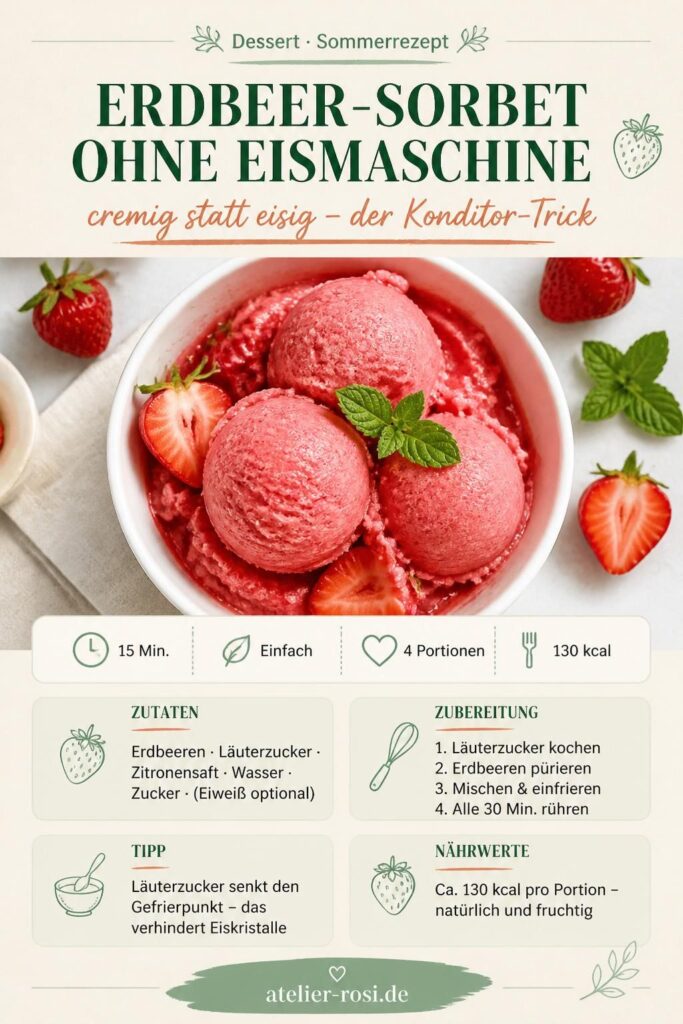 Cremiges Erdbeer-Sorbet ohne Eismaschine – Pinterest-Rezeptkarte