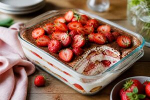 Erdbeer-Tiramisu ohne Backen im Glas – cremige Mascarpone-Schichten mit frischen Erdbeeren und Löffelbiskuit, serviert auf einem Holztisch im Freien