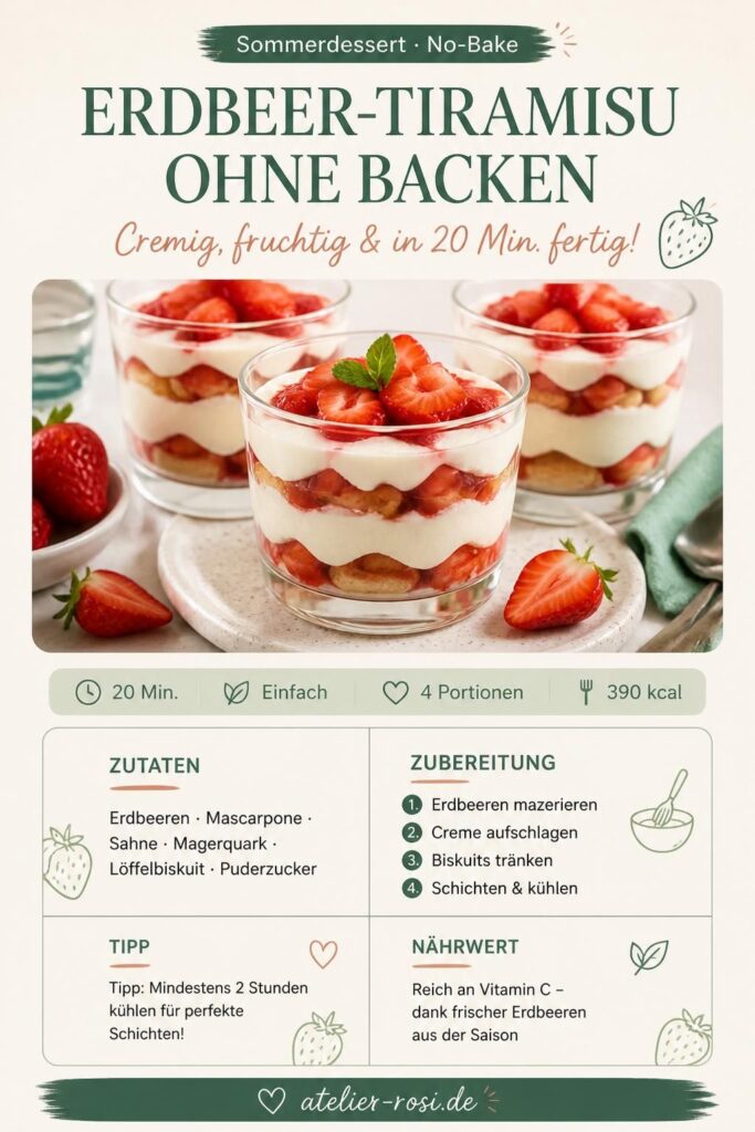 Erdbeer-Tiramisu ohne Backen im Glas – Pinterest-Bild mit Zutaten und Schritten