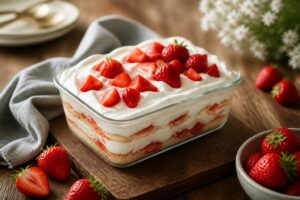Cremiges Erdbeer-Tiramisu ohne Ei in einer weißen Auflaufform, garniert mit frischen Erdbeerscheiben und Puderzucker, auf einem Holztisch im Sommer