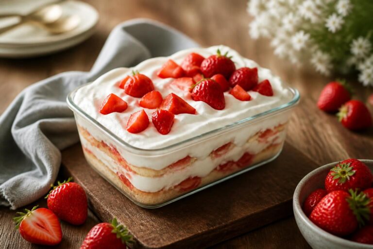 Cremiges Erdbeer-Tiramisu ohne Ei in einer weißen Auflaufform, garniert mit frischen Erdbeerscheiben und Puderzucker, auf einem Holztisch im Sommer
