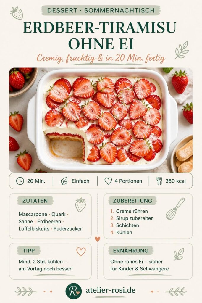 Erdbeer-Tiramisu ohne Ei – cremiges Schichtdessert mit frischen Erdbeeren und Mascarpone-Creme, Pinterest-Rezeptkarte