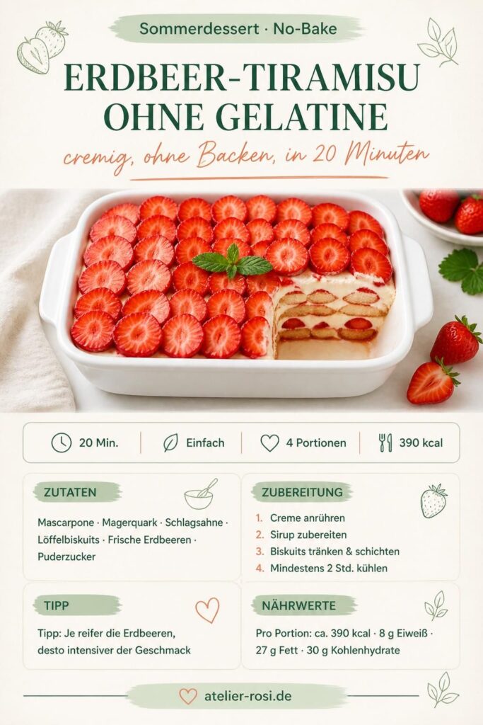 Erdbeer-Tiramisu ohne Gelatine – cremige Schichten mit frischen Erdbeeren und Mascarpone-Quark-Creme