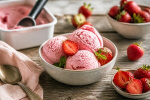 Cremiges Erdbeer-Joghurt-Eis ohne Eismaschine in einer weißen Schüssel, garniert mit frischen Erdbeerstücken und Minzblättern