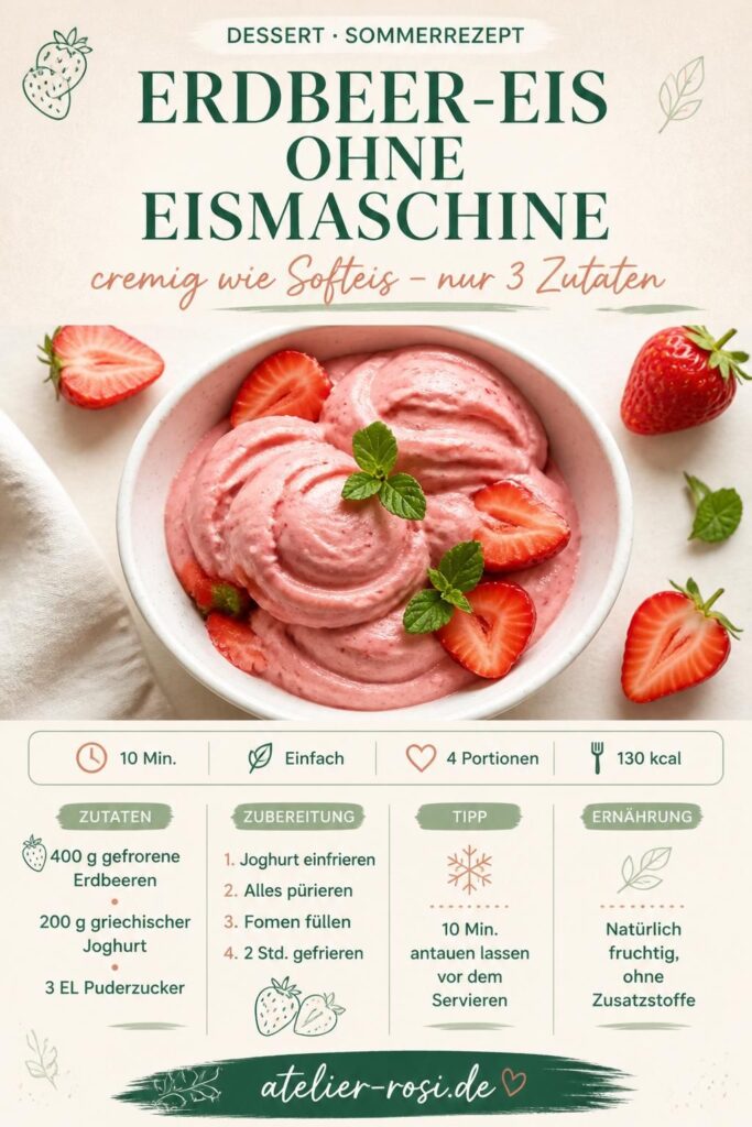 Erdbeer-Joghurt-Eis ohne Eismaschine – Pinterest-Rezeptkarte von atelier-rosi.de
