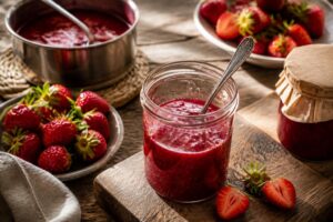 Selbst eingekochte Erdbeermarmelade in einem Einmachglas, umgeben von frischen und überreifen Erdbeeren auf einem Holzbrett