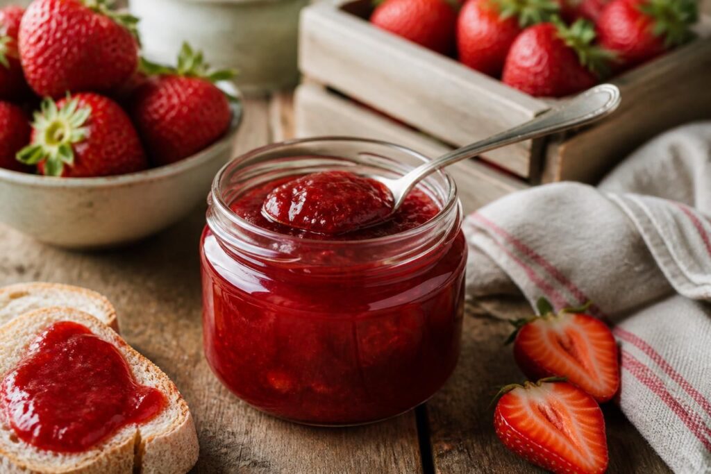 Selbstgemachte Erdbeermarmelade ohne Gelierzucker im Glas, mit frischen Erdbeeren und einem Holzlöffel auf einem Holzbrett