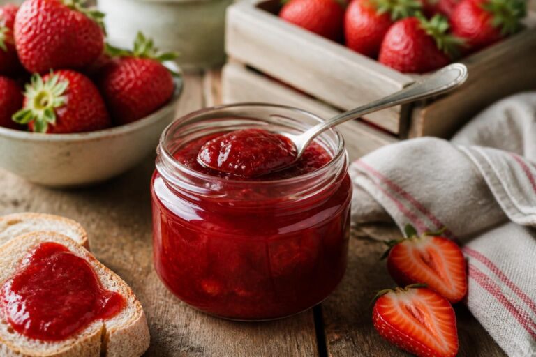 Selbstgemachte Erdbeermarmelade ohne Gelierzucker im Glas, mit frischen Erdbeeren und einem Holzlöffel auf einem Holzbrett