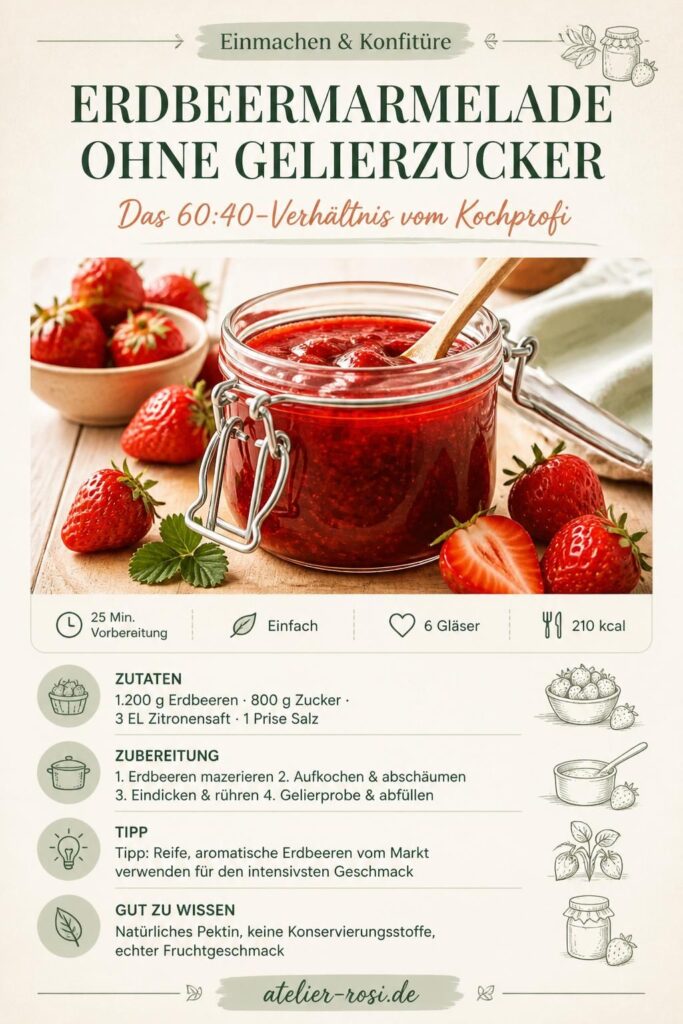 Erdbeermarmelade ohne Gelierzucker im Glas, 60-zu-40-Verhältnis, selbstgemacht