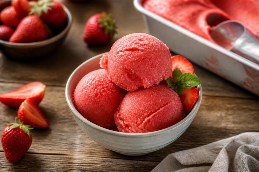 Cremiges Erdbeersorbet ohne Eismaschine in einer gekühlten Schale, garniert mit frischen Erdbeeren und Minzeblättern