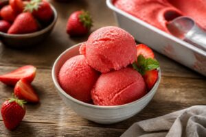 Cremiges Erdbeersorbet ohne Eismaschine in einer gekühlten Schale, garniert mit frischen Erdbeeren und Minzeblättern