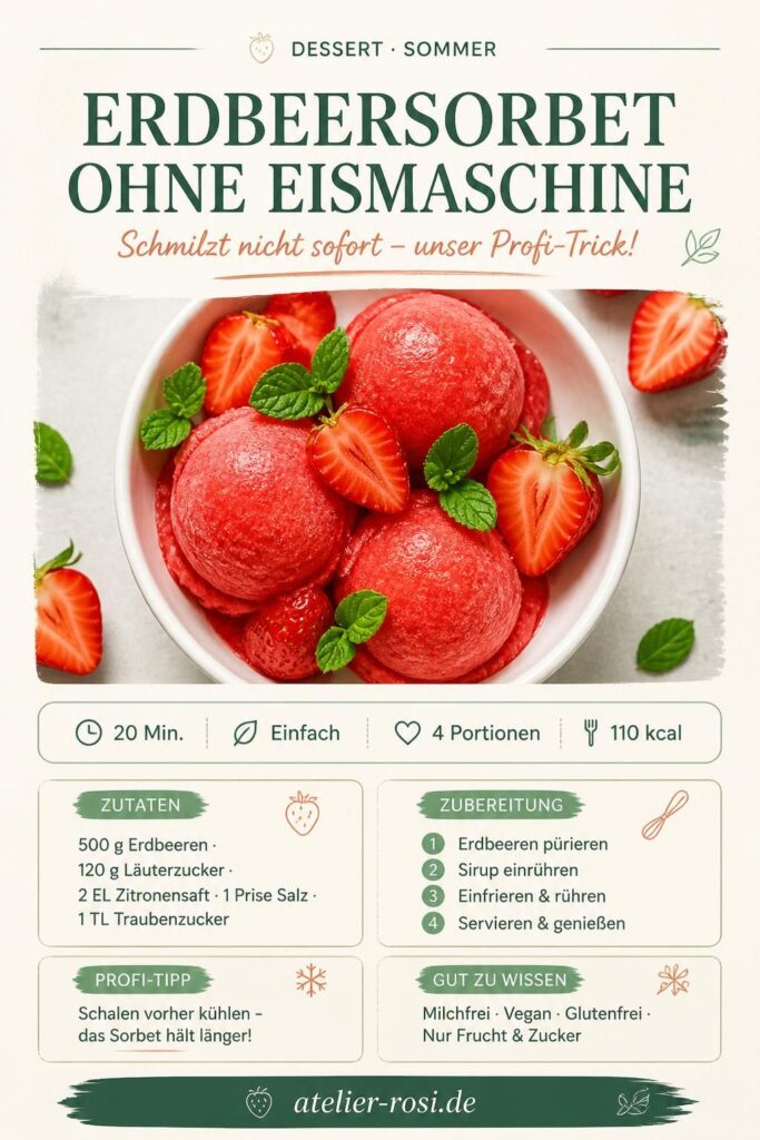 Cremiges Erdbeersorbet ohne Eismaschine in gekühlter Schale, garniert mit frischen Erdbeeren