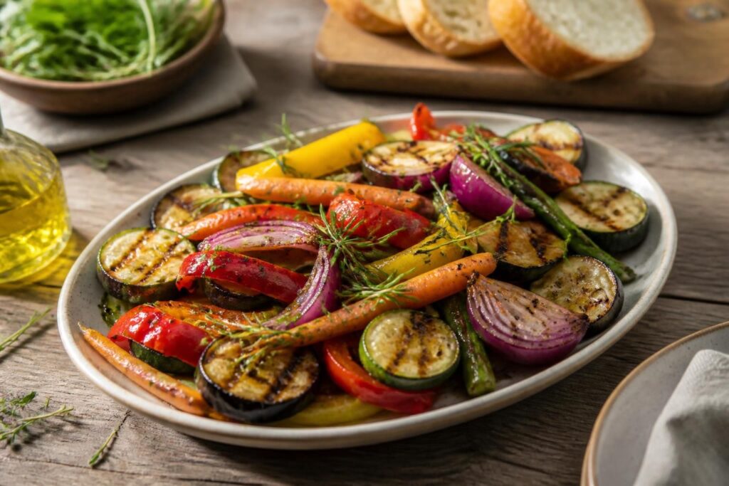 Bunt mariniertes Grillgemüse auf einem Holzbrett: Zucchini, Aubergine, Paprika und Maiskolben mit Joghurt-Kräuter-Marinade, frischen Kräutern und Fleur de Sel