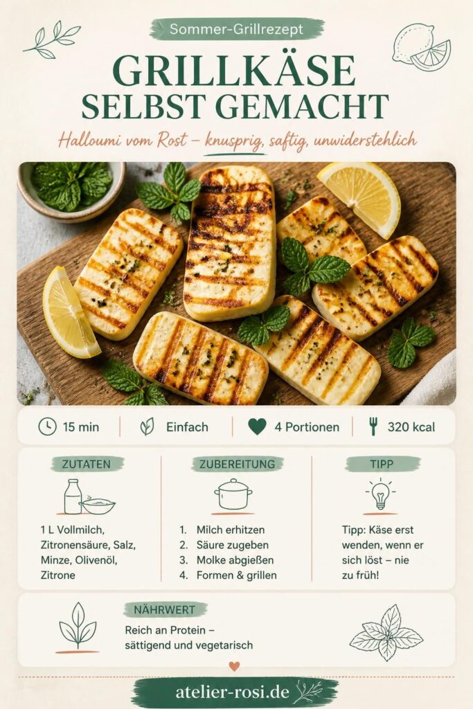 Grillkäse selbst gemacht – Halloumi-Scheiben mit Grillstreifen, Minze und Zitrone auf einem Holzbrett