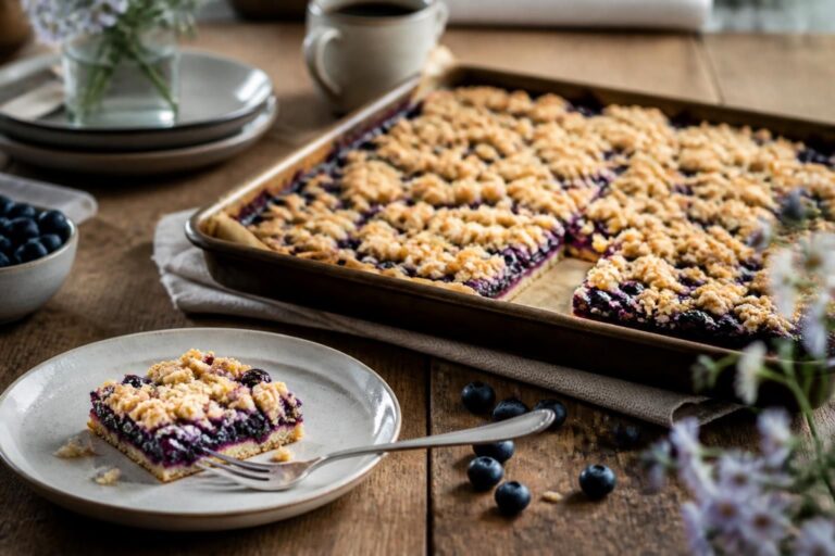 Heidelbeer-Crumble vom Blech mit goldenen Haferflocken-Streuseln und frischen Blaubeeren, auf einem hellen Backblech angerichtet