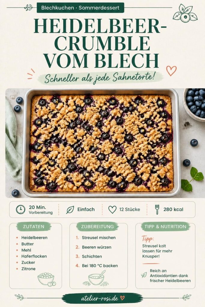 Heidelbeer-Crumble vom Blech mit goldenen Streuseln – Pinterest-Rezeptkarte