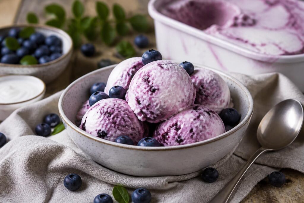Cremiges Heidelbeer-Joghurt-Eis in einer hellgrauen Schüssel, garniert mit frischen Heidelbeeren und einem Zweig Minze, auf einer Holzunterlage