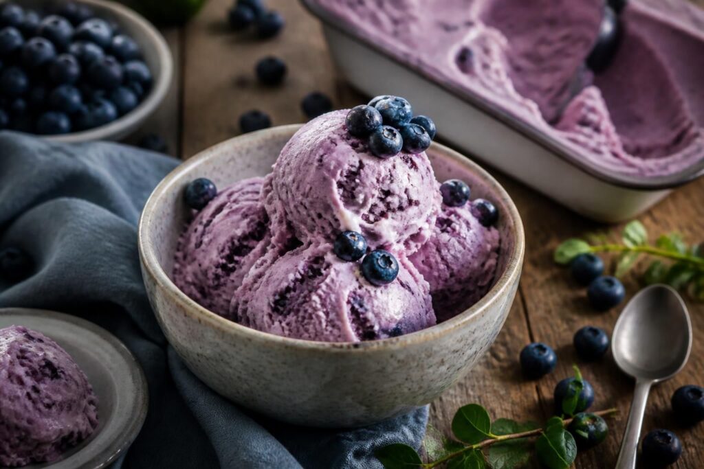 Heidelbeer-Joghurt-Eis in einer Schale mit frischen Heidelbeeren und Minzeblättern auf hellem Holzbrett