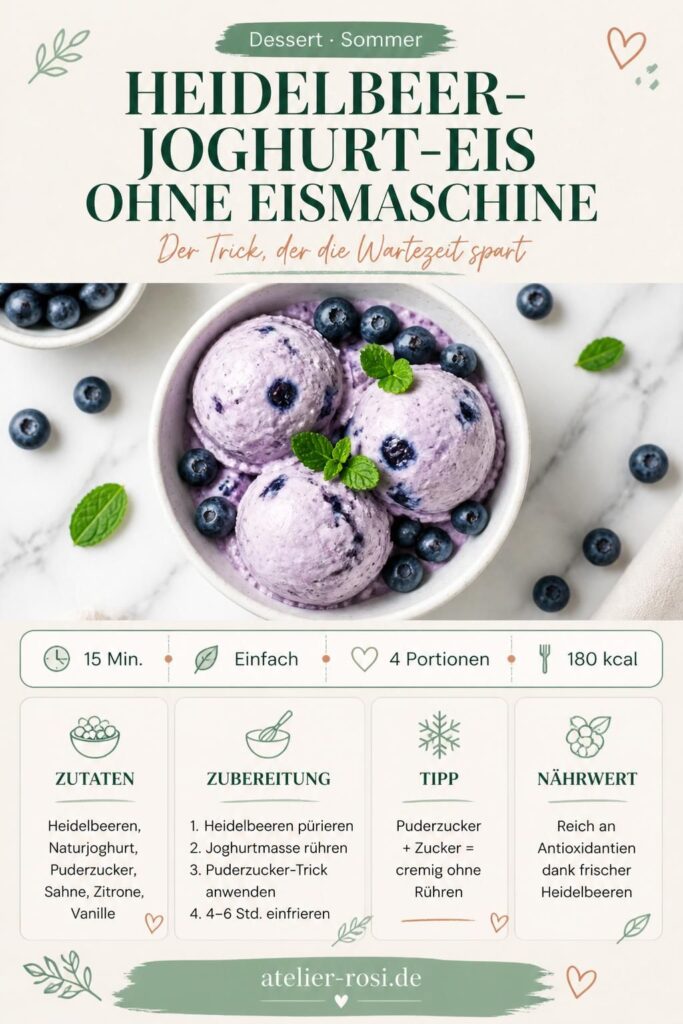 Heidelbeer-Joghurt-Eis ohne Eismaschine – cremige Portionen mit frischen Heidelbeeren in einer weißen Schale