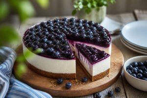 Heidelbeer-Käsekuchen ohne Backen auf einem weißen Tortenteller, mit cremiger Frischkäse-Creme und frischen Heidelbeeren als Topping, Keksboden sichtbar am Rand
