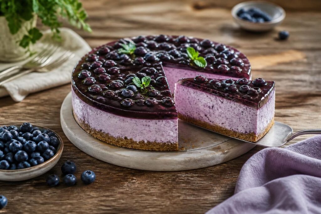 Heidelbeer-Käsekuchen ohne Backen auf einem weißen Teller mit frischen Blaubeeren und Minzeblättern, Seitenansicht