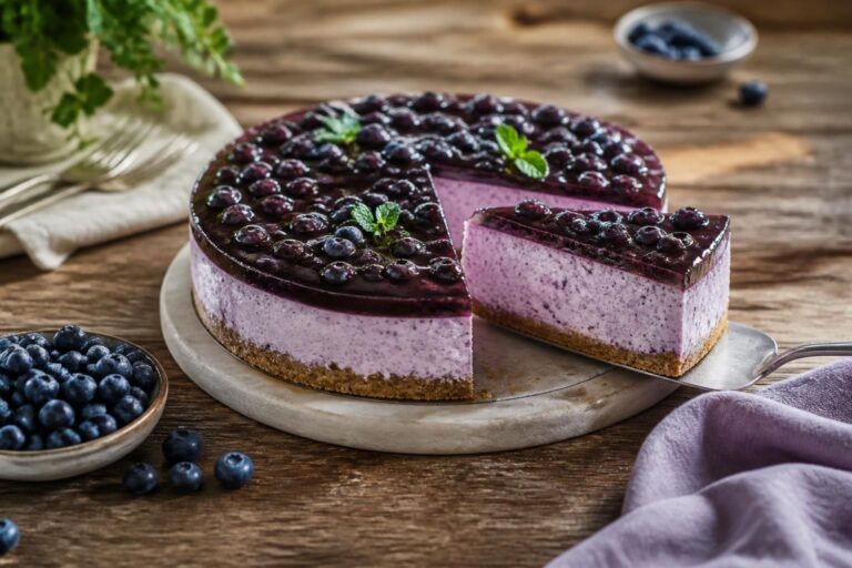 Heidelbeer-Käsekuchen ohne Backen auf einem weißen Teller mit frischen Blaubeeren und Minzeblättern, Seitenansicht