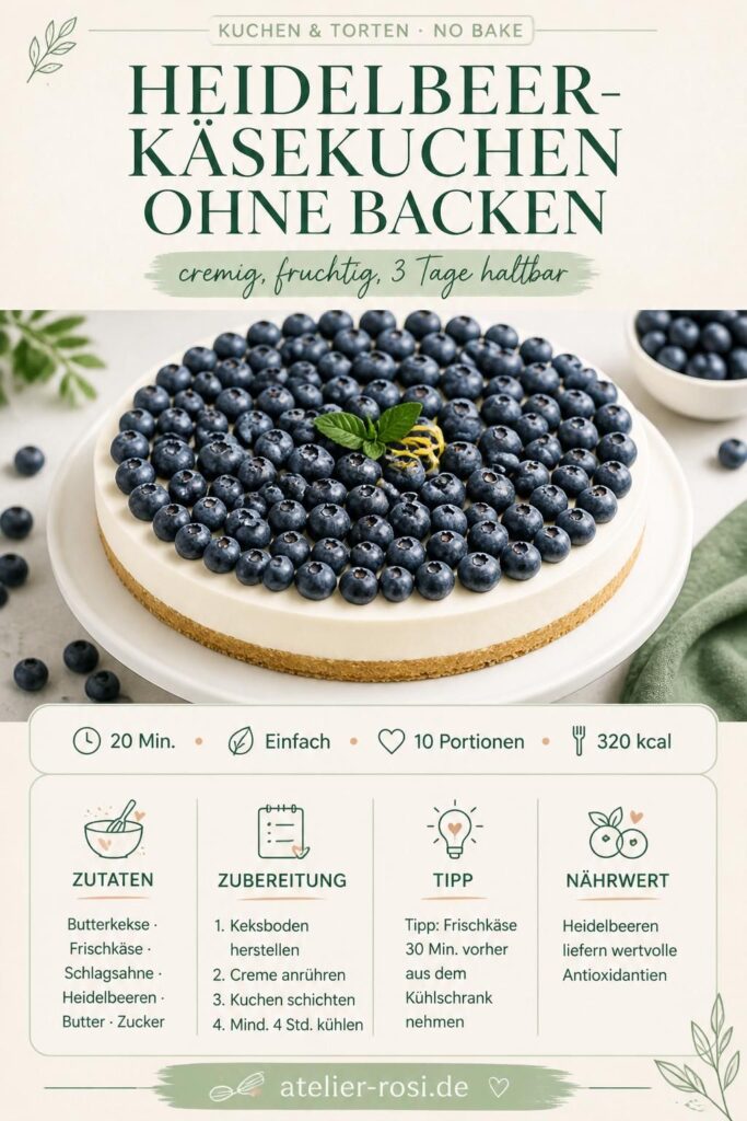Heidelbeer-Käsekuchen ohne Backen – cremige Frischkäse-Creme auf Keksboden mit Heidelbeeren-Topping, Pinterest-Pin