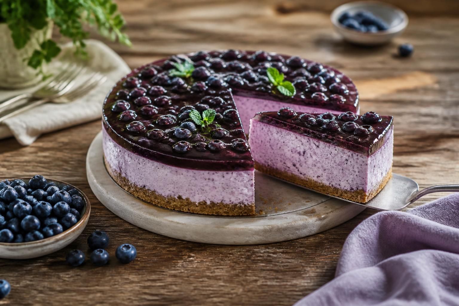 Heidelbeer-Käsekuchen ohne Backen mit frischen Blaubeeren auf einem Teller, Pinterest-Bild