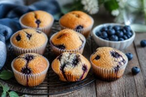 Frisch gebackene Heidelbeer-Muffins ohne Backmischung auf einem Holzbrett, hochgewölbte Tops mit saftigen Blaubeeren, natürliches Sommerlicht