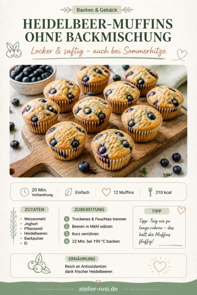 Heidelbeer-Muffins ohne Backmischung – locker, saftig, mit frischen Blaubeeren auf einem Holzbrett
